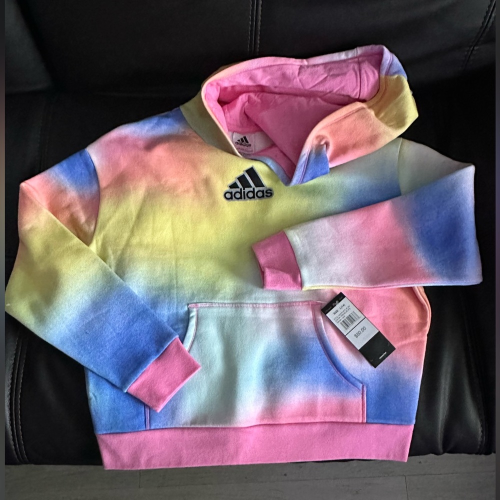 Adidas Loose fit Big Girls Long Sleeve AOP Logo Fleece Hoody New with tag